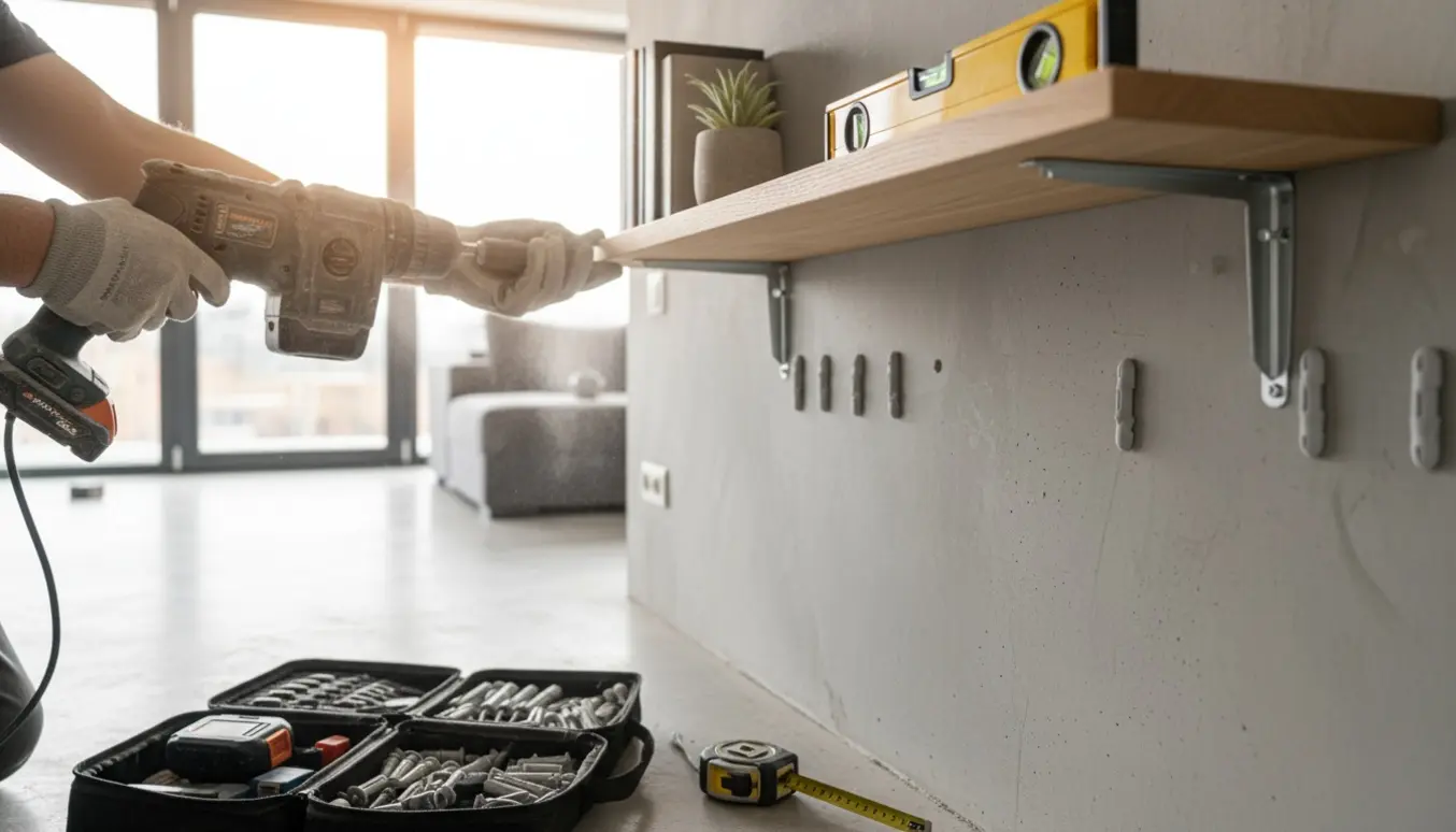 Nærsyn af hænder, der monterer hylder på en ny betonvæg med boremaskine og værktøj.