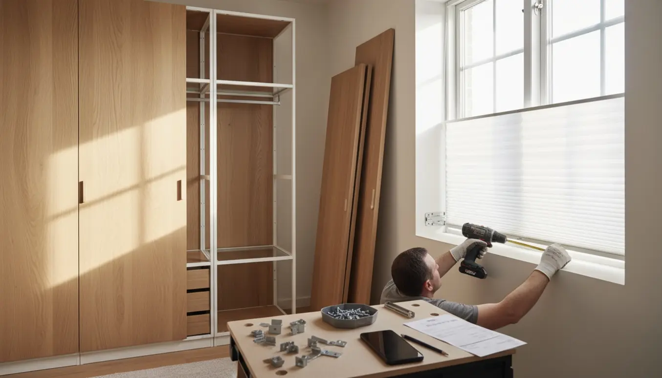 Nærbillede af montage af garderobeskab og plisségardin med værktøj og faktura på bordet.