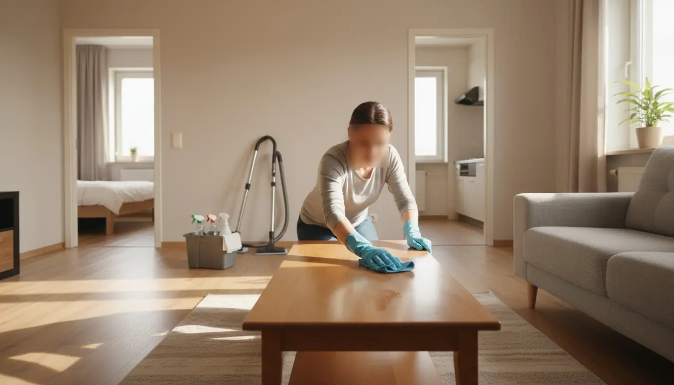 Rengøringshjælp bagfra i en lys lejlighed med støvsuger, moppe og en kurv med rengøringsmidler.