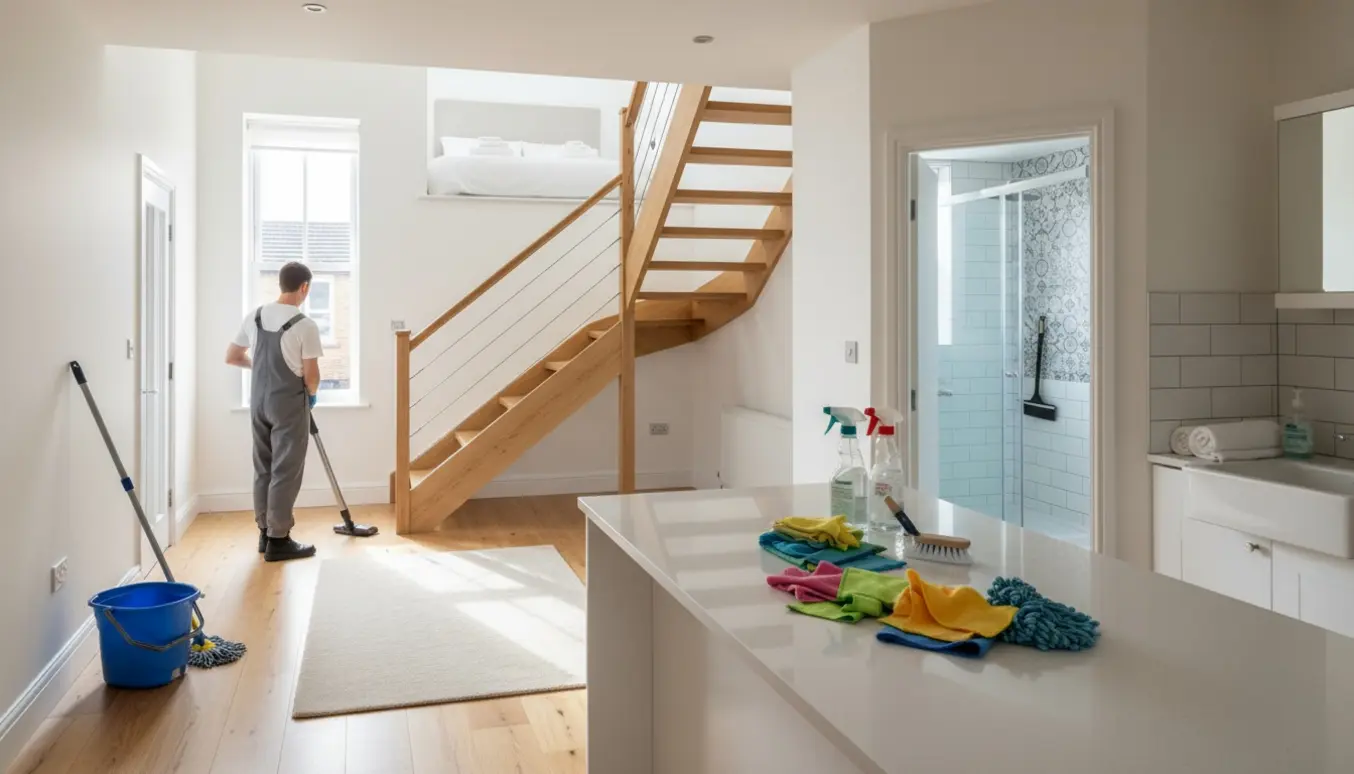 Støvsugning og gulvvask i et lyst rækkehus klar til Airbnb, med rengøringsudstyr og nyrengjort badeværelse.