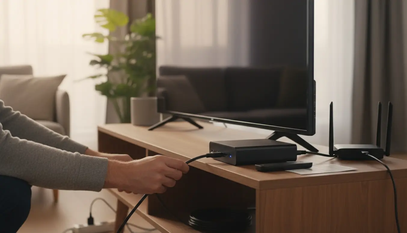 Hænder tilslutter HDMI-kabel mellem en set-top-boks og et fladskærms-tv i en moderne stue.