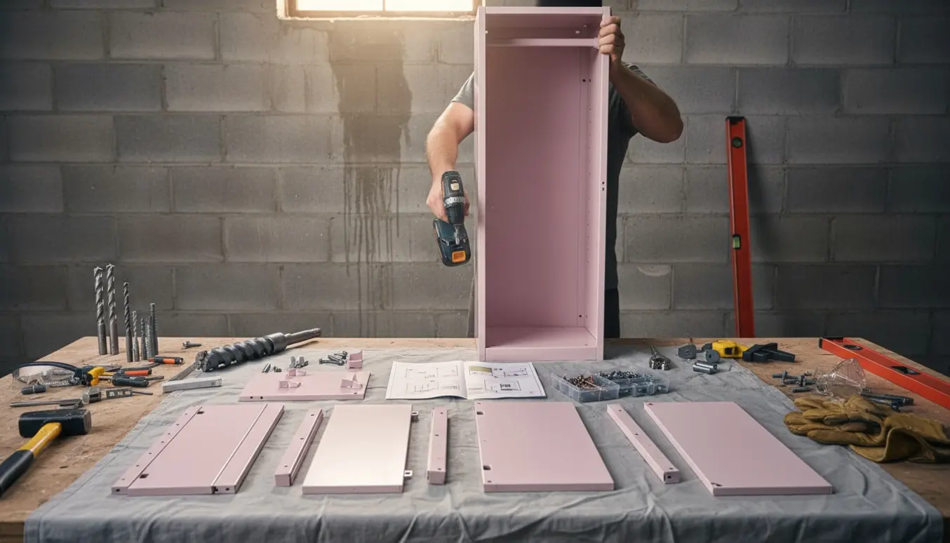 Delvist samlet lyserødt stålskab i kælder ved betonvæg med bore- og monteringsværktøj.