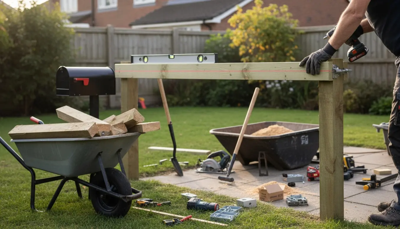 Trykimprægneret havelåge og nye stolper klargjort til montering i en have med værktøj og oprydning ved siden af.