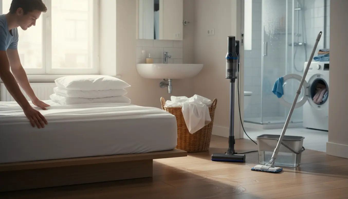 Et lyst lejlighedsværelse med sengetøj lagt til vask, en person på ryggen der gør rent og rengøringsudstyr på gulvet.