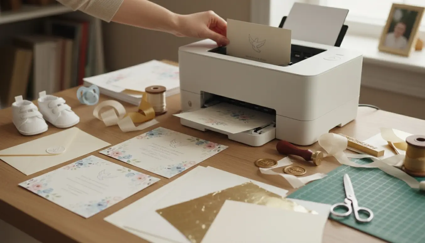 Hænder forbereder elegante dåbsinvitationer på et træbord med printer, konvolutter og små babyting.