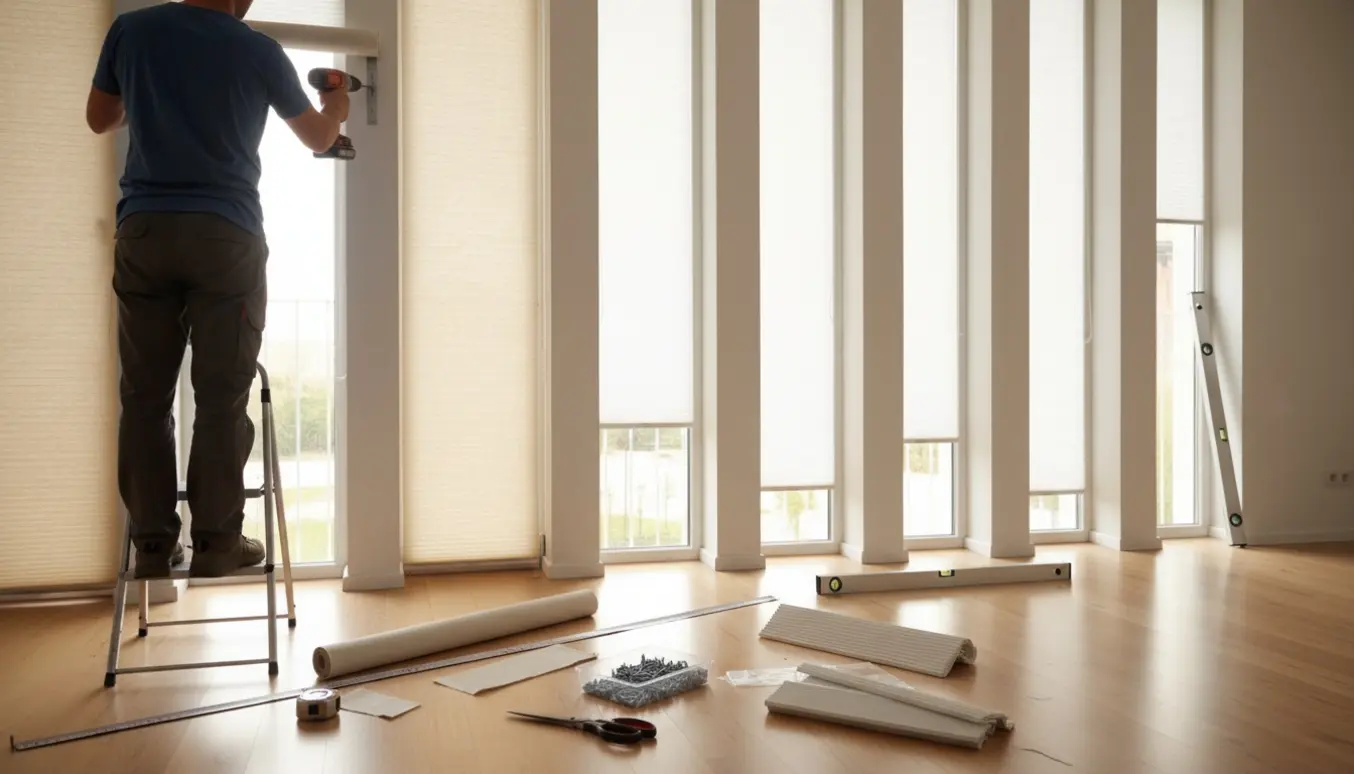 Installatør monterer tilskårede rullegardiner og plisségardiner ved et lyst vinduesparti.