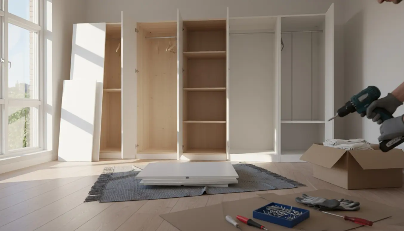 Tre PAX‑lignende garderobeskabe i en lys lejlighed under nedtagning med værktøj og dele på trægulvet.