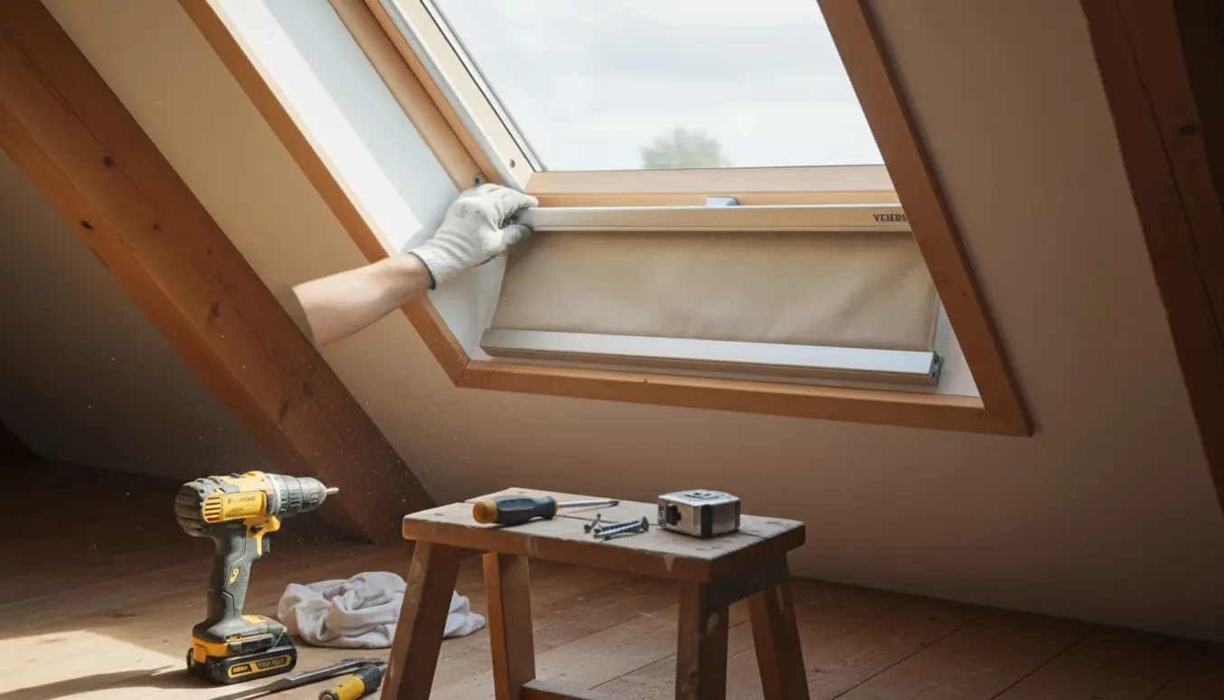 Hænder installerer et brugt Velux-gardin i et loftsvindue med værktøj og naturligt dagslys.