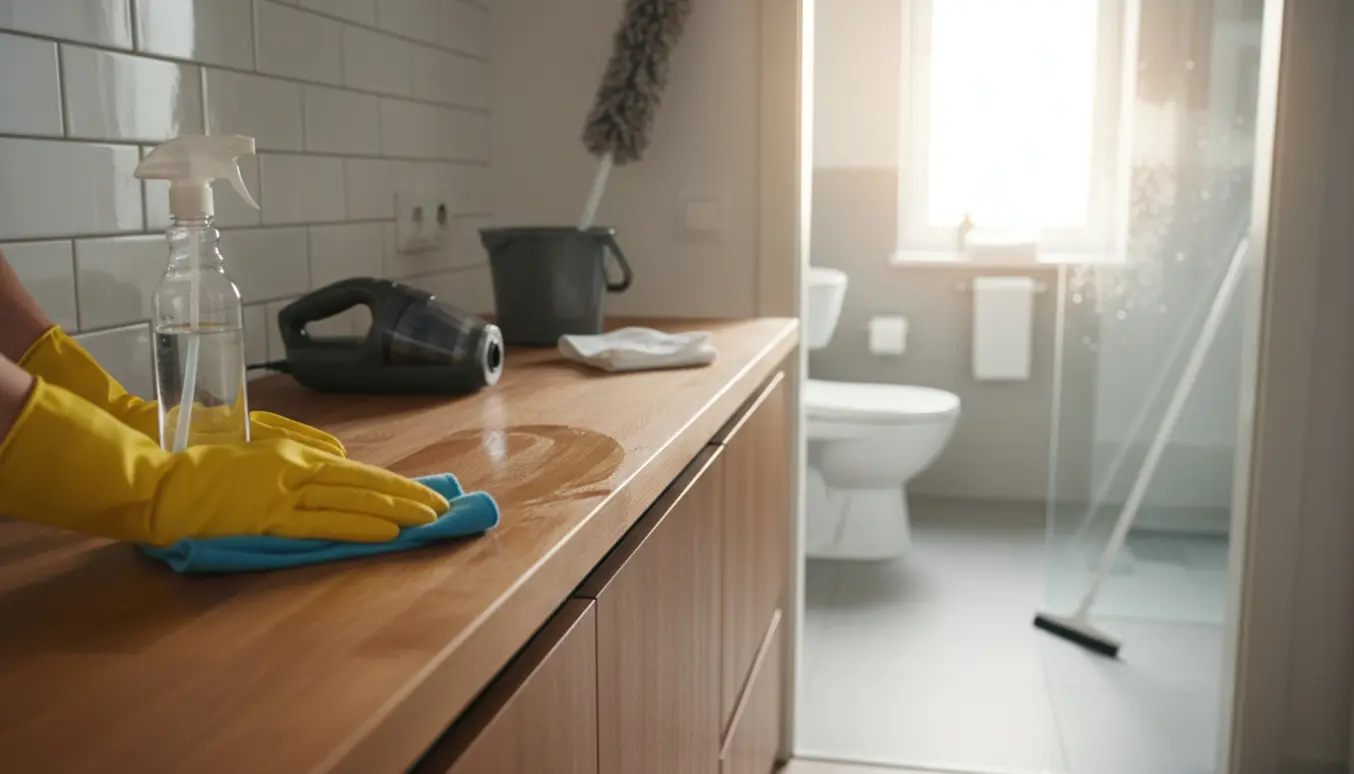 Handskenklædte hænder tørrer køkkenbordet af, mens et badeværelse med toilet og bruseområde ses i baggrunden under rengøring.