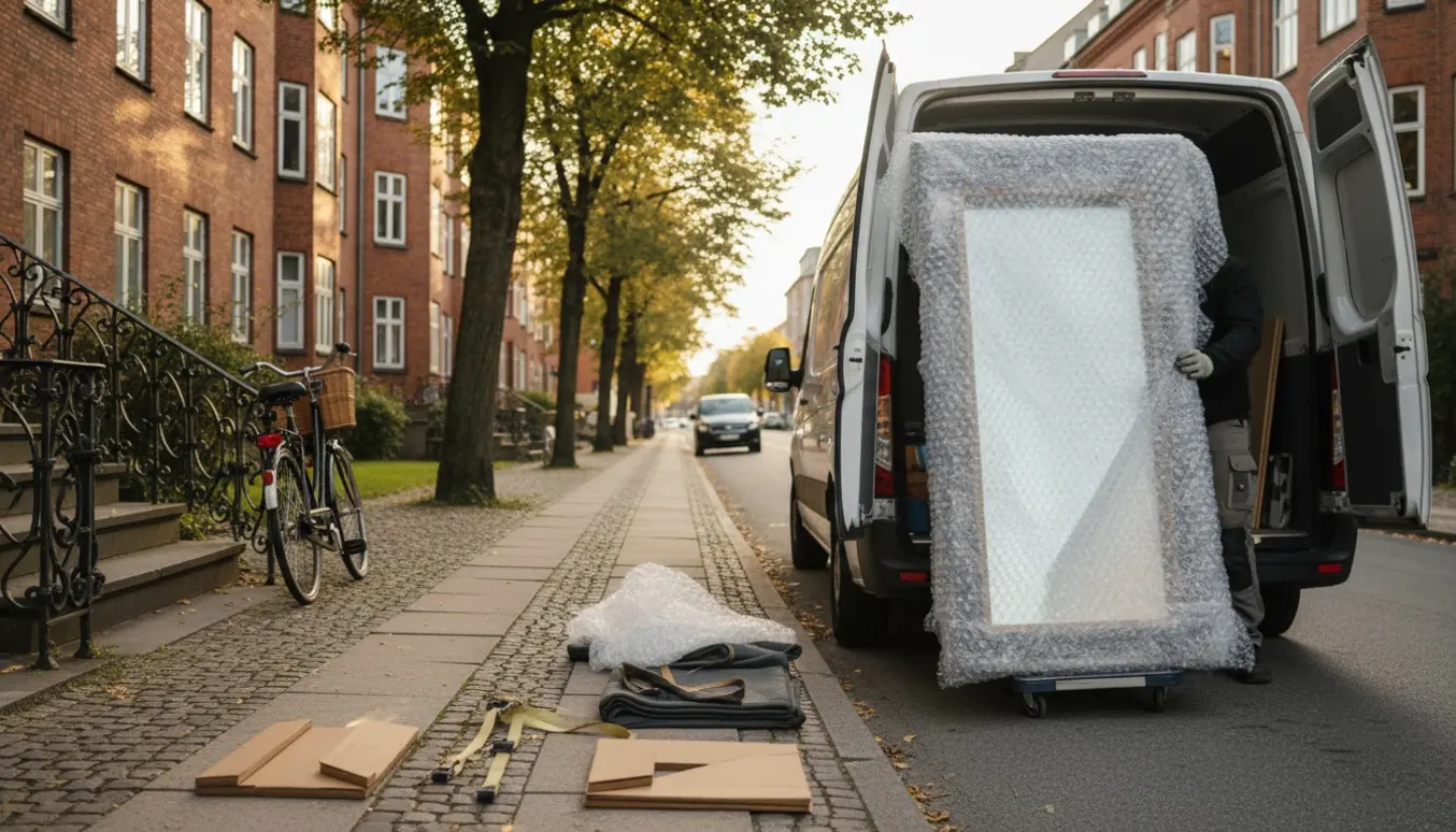 Et indpakket højt spejl læsses i en varevogn på en stille, træbevokset københavnsk gade.