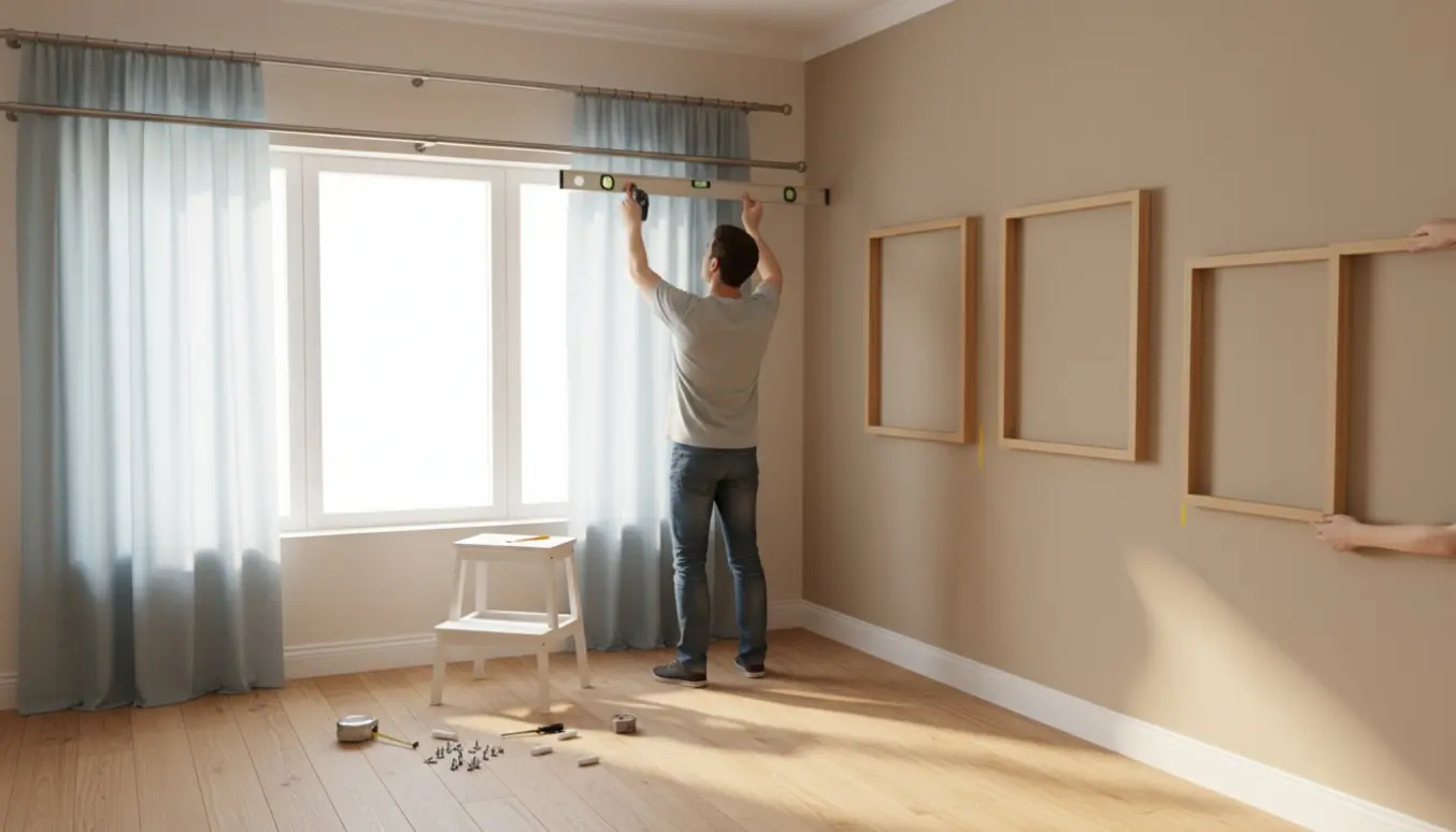 Nærbillede af montering af gardinstang over et vindue og ophængning af tre indrammede billeder i et lyst stueområde.