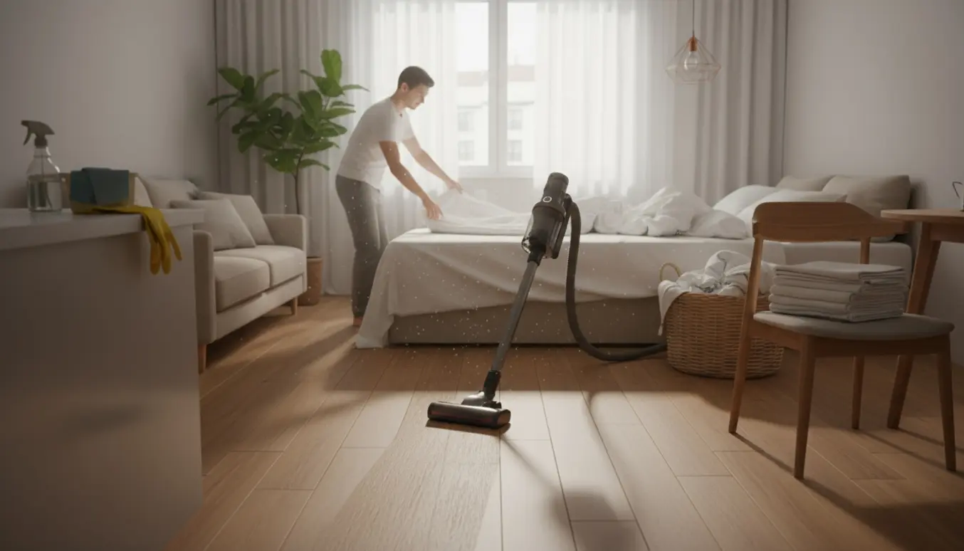 Hænder skifter sengetøj og støvsuger en lille, ryddelig lejlighed med friske håndklæder.