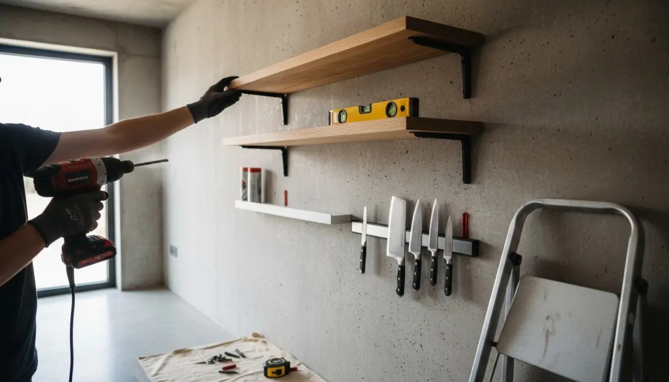 Hænder monterer tre hylder og en knivmagnet på en rå betonvæg med bor, rawlplugs og vaterpas.