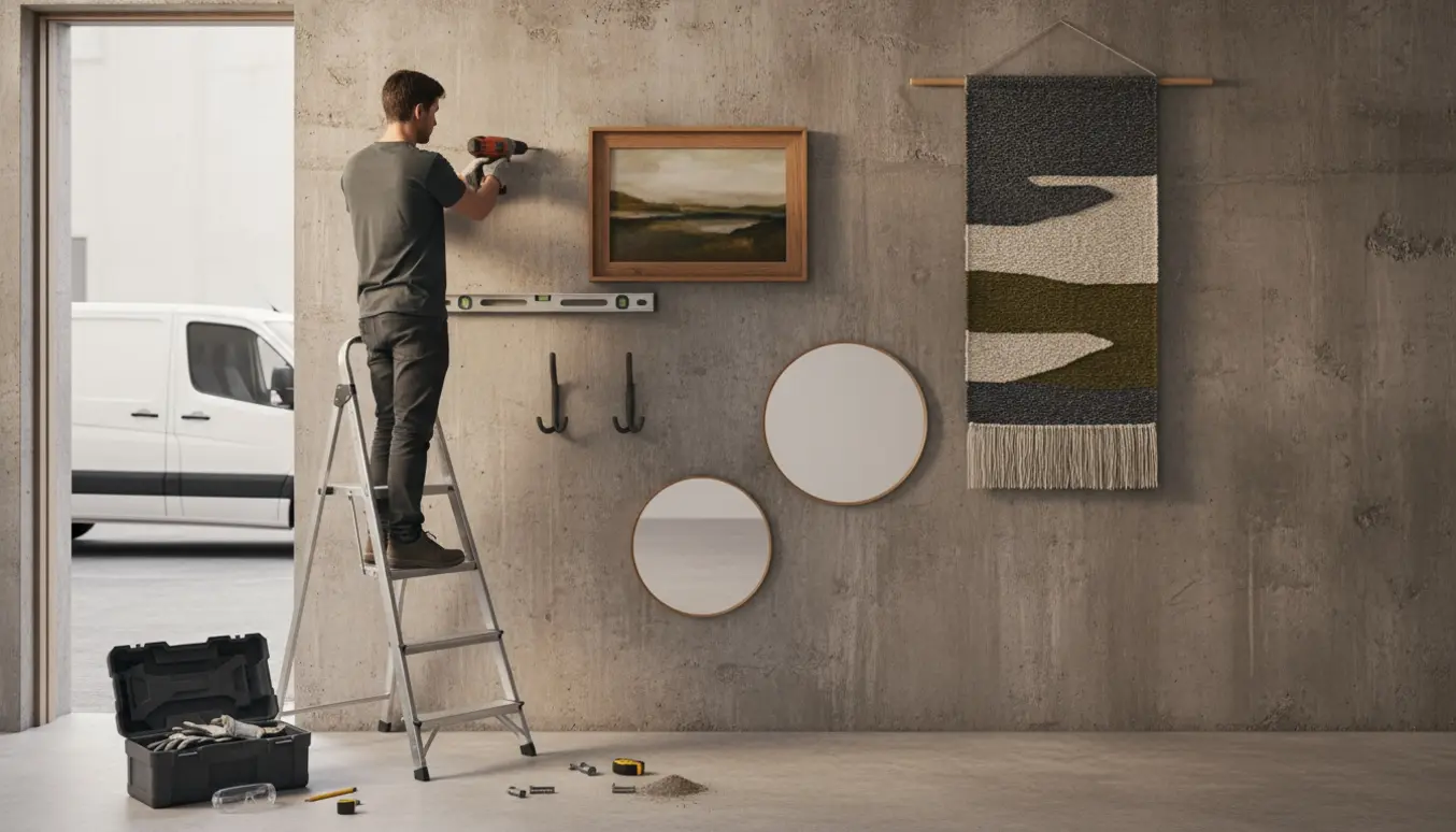 Håndværker hænger et maleri, et vægtæppe og to spejle op på en rå betonvæg med værktøj og håndværkerbil ved døren.