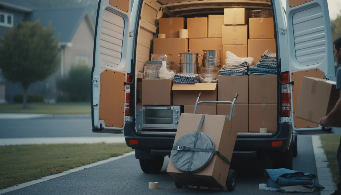 Åben varevogn med køkkengrej og flyttekasser mens personer uden synlige ansigter læsser tunge genstande.