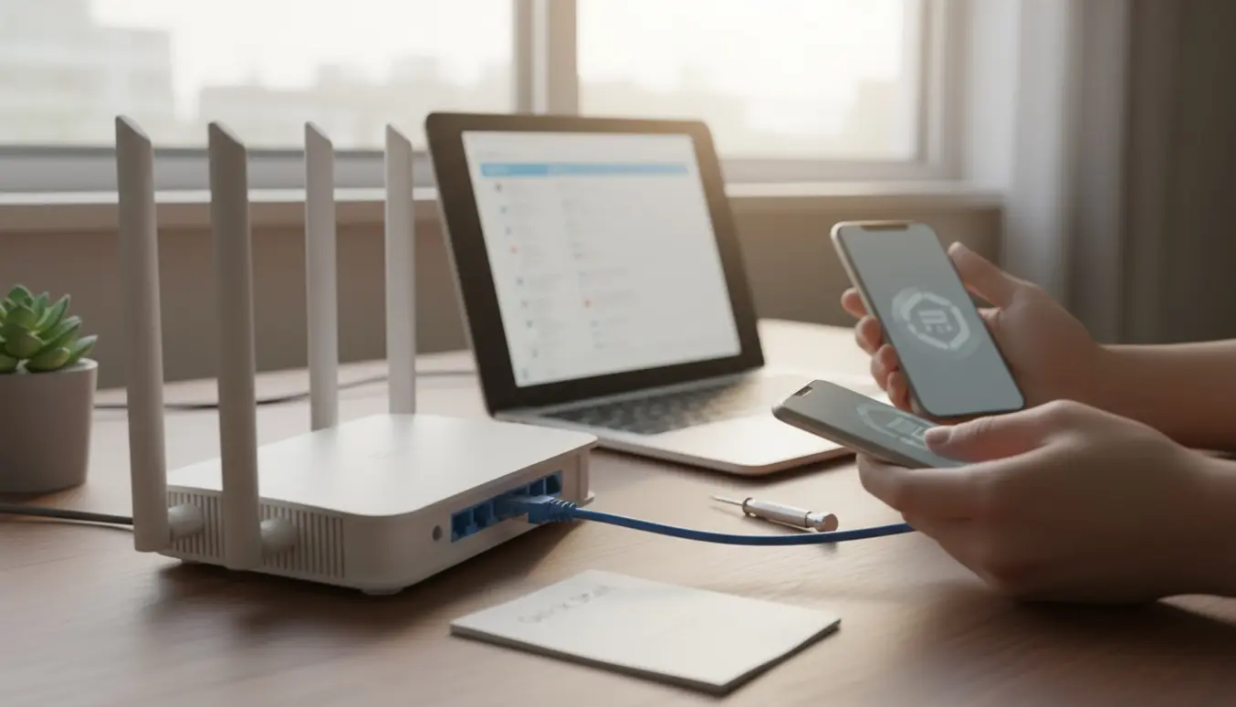 Hænder tilslutter et ethernetkabel til en router og tjekker netværksopsætning på en telefon ved et lyst skrivebord.