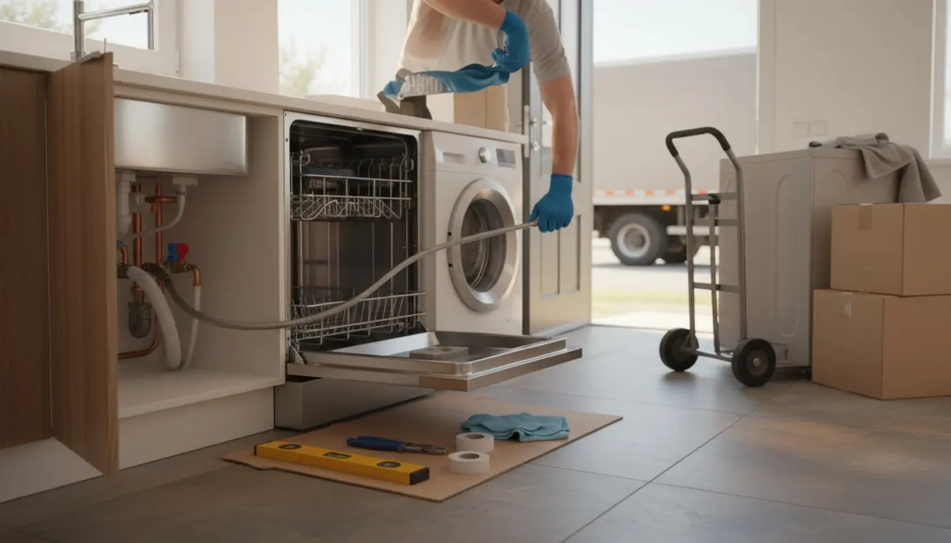 Hænder frakobler vaskemaskine og opvaskemaskine i et lyst køkken med værktøj og flyttekasser i baggrunden.
