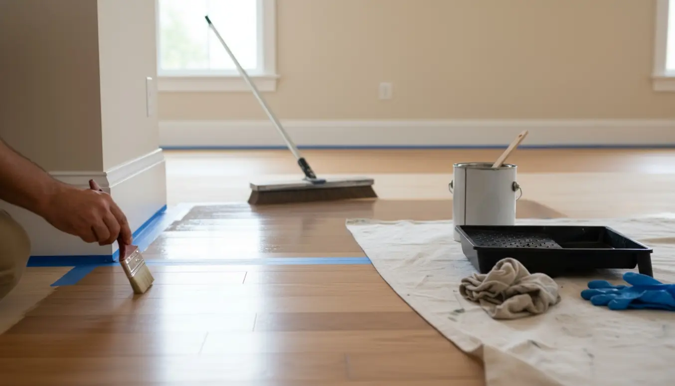 Hænder maler et trægulv; kantene males med en lille pensel og resten med en bred pensel på en stang.