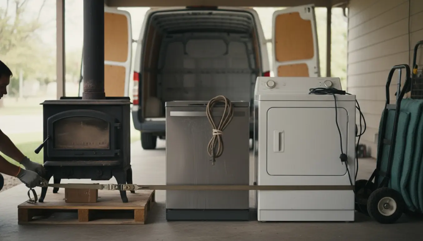 Brændeovn, opvaskemaskine og tørretumbler i carport klar til afhentning med flytteudstyr.