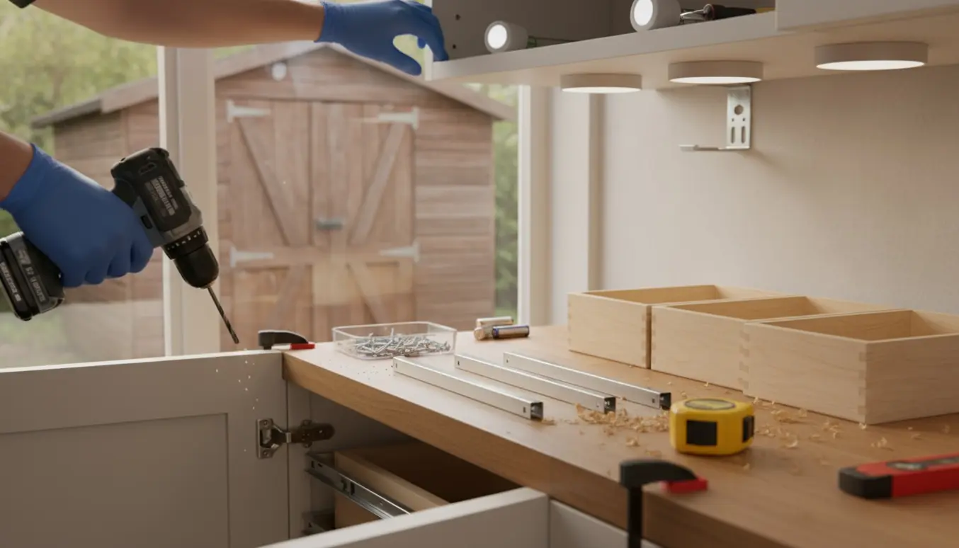 Nærbillede af borearbejde i et køkkenskab med skuffer, batterilamper og værktøj, med haveskur i baggrunden.