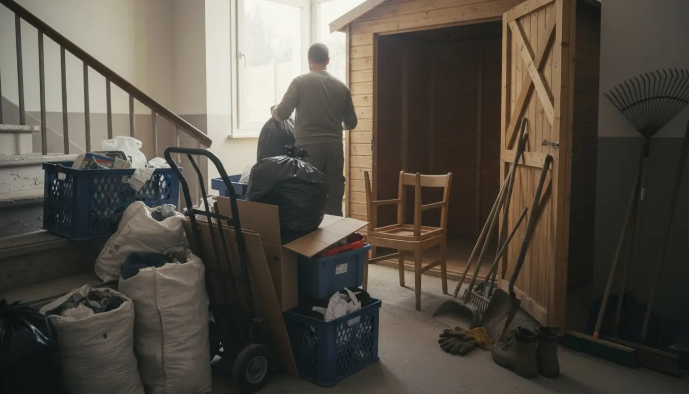 Trapperum og åbent skur ryddet for affald med fyldte sække, transportvogn og handsker klar til bortkørsel.