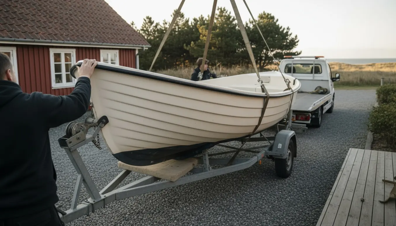 Intakt glasfiberjolle på vogn foran et sommerhus i Kalundborg klar til afhentning.