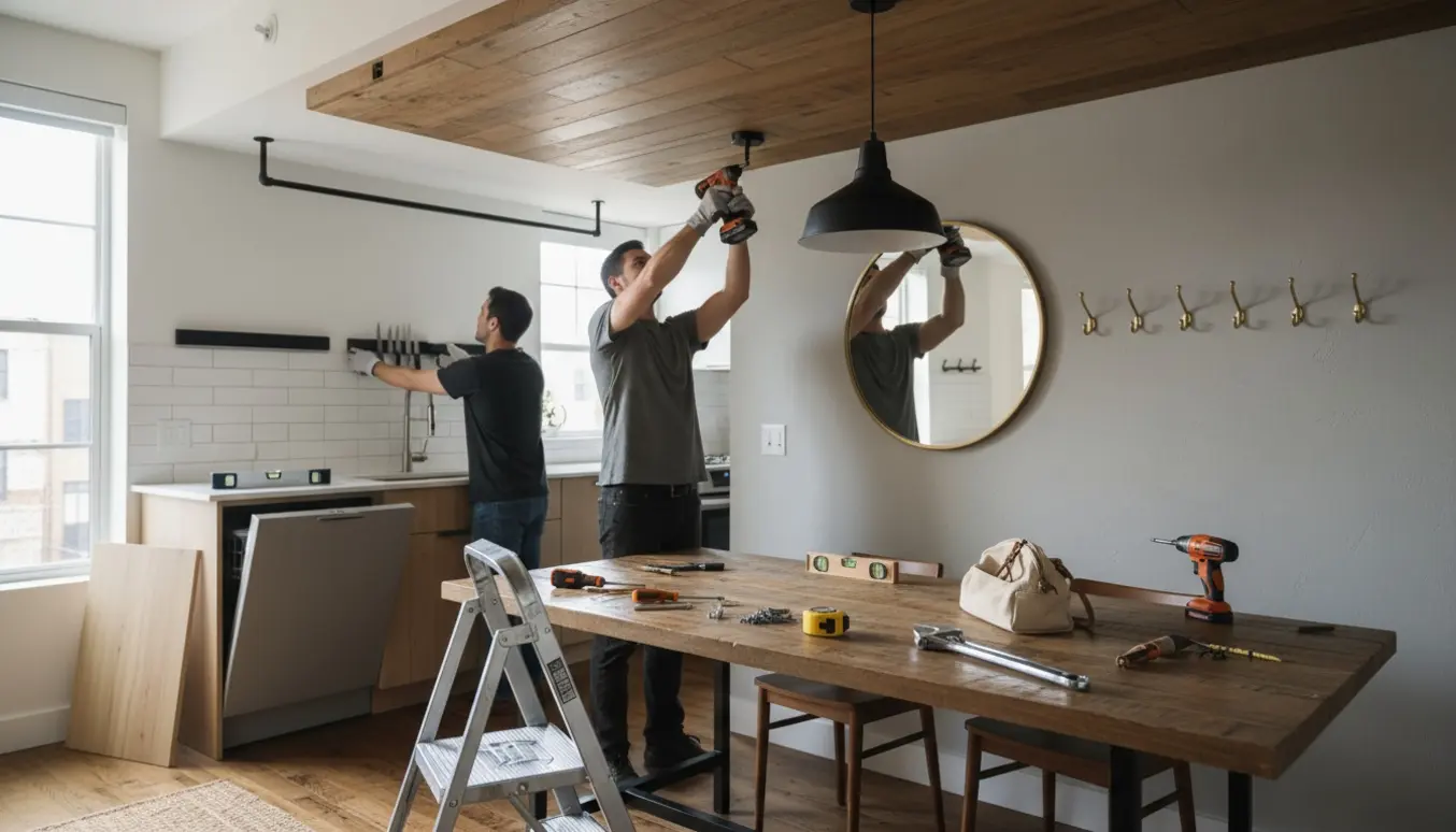 Hænder med værktøj monterer lamper, spejl, knivmagnet og ordner køkkenskab i en lys lejlighed.