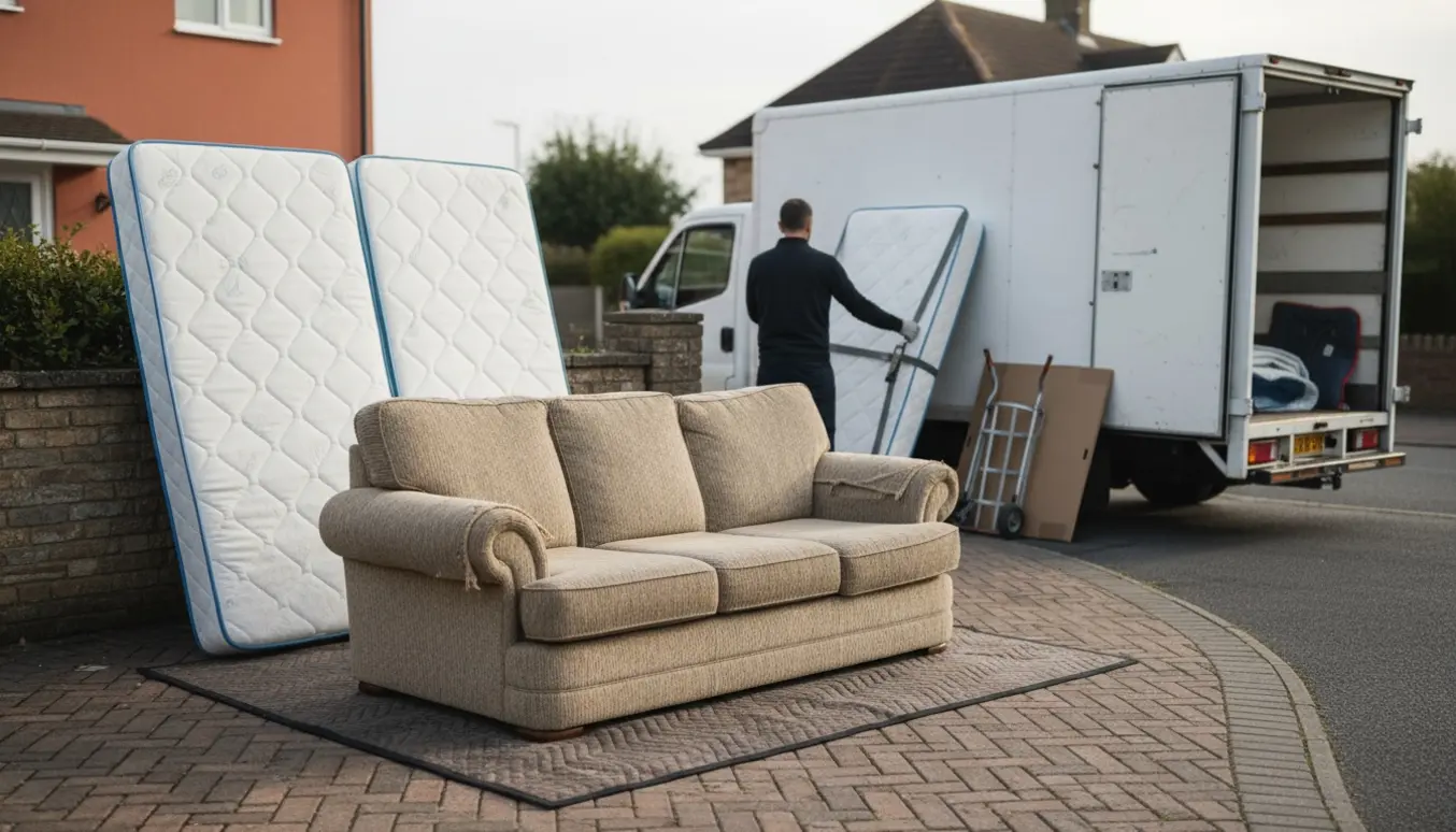 En slidt trepersoners sofa og to springmadrasser udenfor på indkørslen, klar til afhentning.