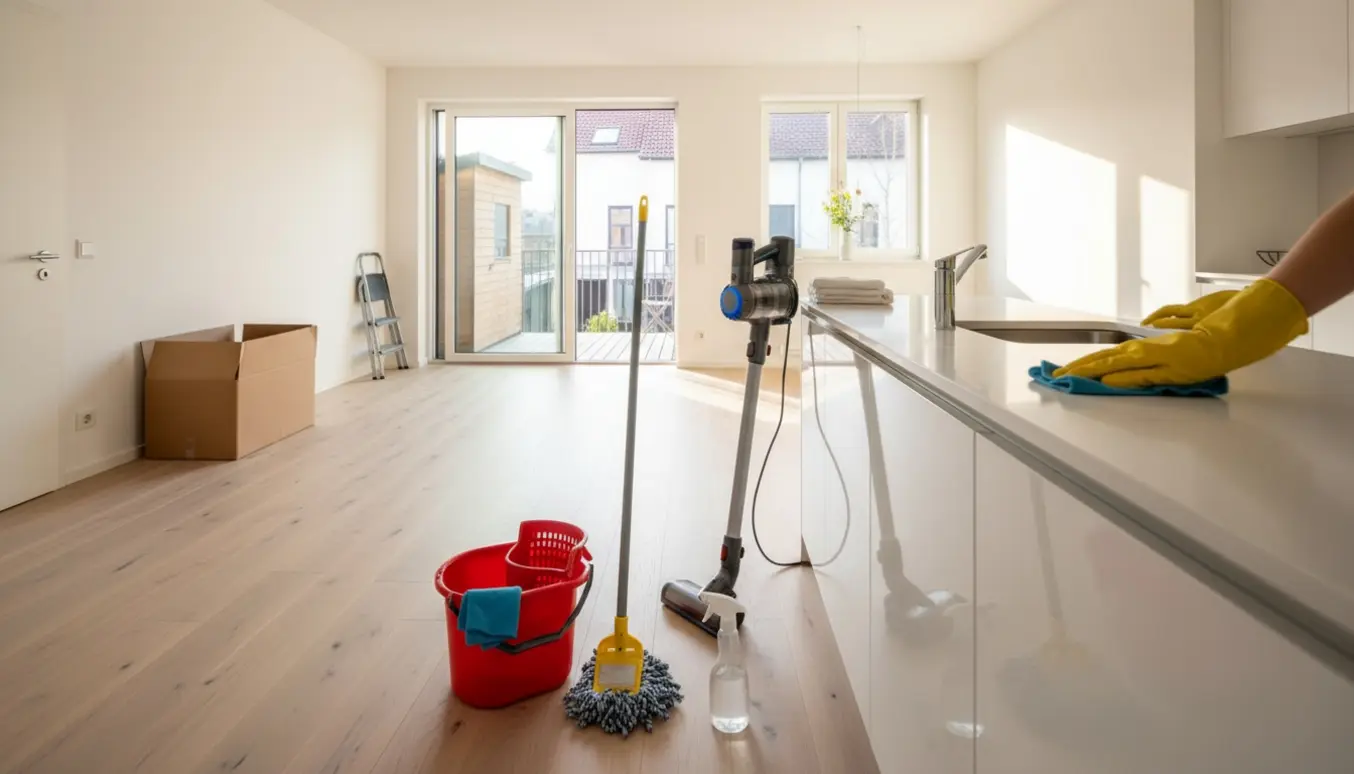 Fraflytningsrengøring i lys lejlighed med åben altandør og synligt skur, rengøringsudstyr i forgrunden.