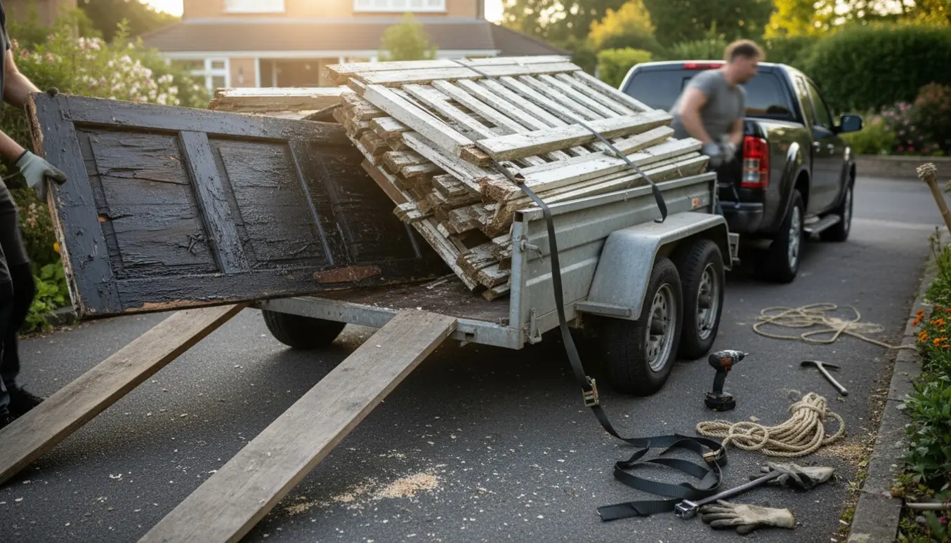 Trailer med stablede træhegnspaneler og en tjæret terrassedør, klar til bortkørsel.