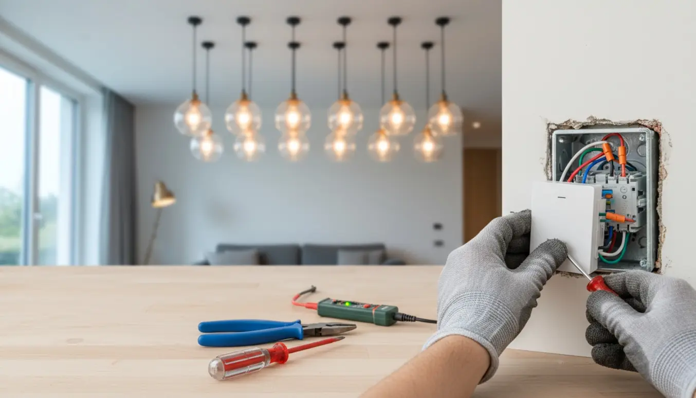 Hænder tilslutter en lysdæmper i en åben el-boks med ti loftslamper i baggrunden.