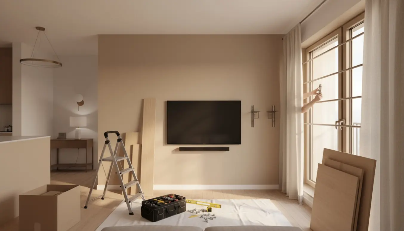 Åben stue med vægmonteret tv, soundbar, stige og værktøj klar til ophængning af lamper og gardiner.