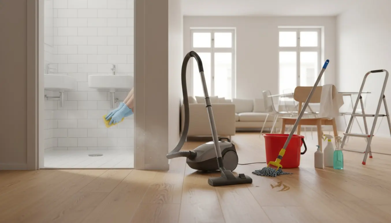 Sparsommelig lejlighed med støvsuger, moppe og handsker mens nyt badeværelse rengøres efter renovering.