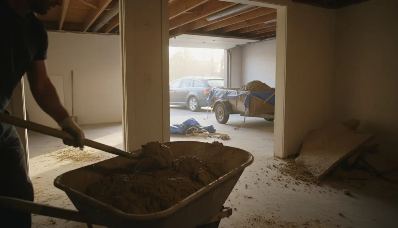 Kælder med to rum, hvor lerloft og byggeaffald bliver læsset på en trailer gennem en åben dør.