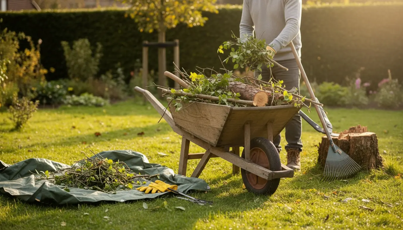 Person rydder beskårne grene og haveaffald fra plænen med trillebør og rive.