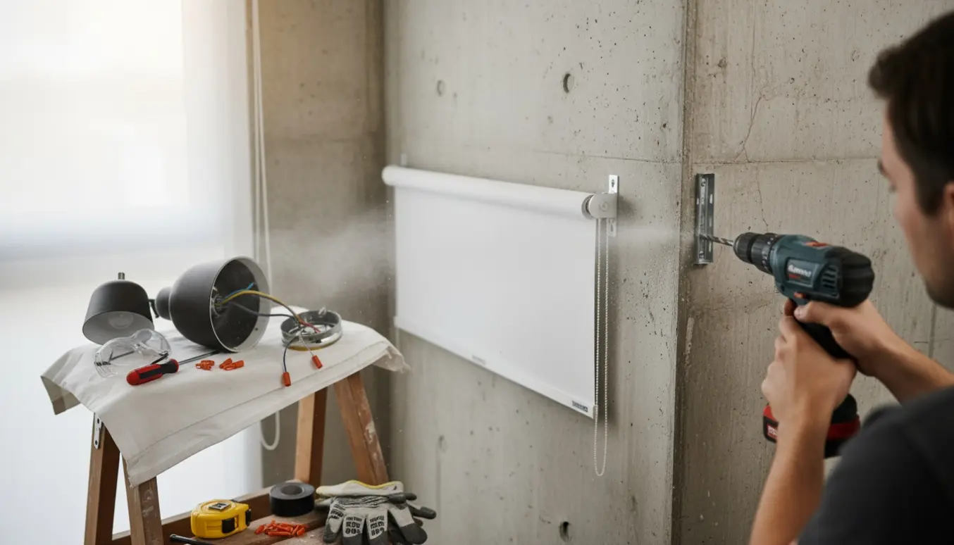 Nærbillede af montering af rullegardin i betonvæg med boremaskine og to lamper klar til montering.