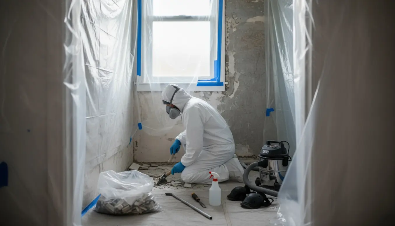 Professionel i beskyttelsesdragt fjerner fliser i et badeværelse under kontrolleret asbestfjernelse.