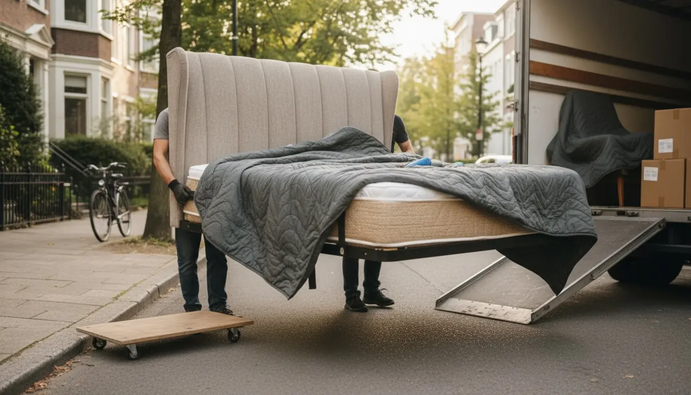 Flyttefolk bærer en stor dobbeltseng med gavl fra fortov til åben flyttebil på en rolig gade.