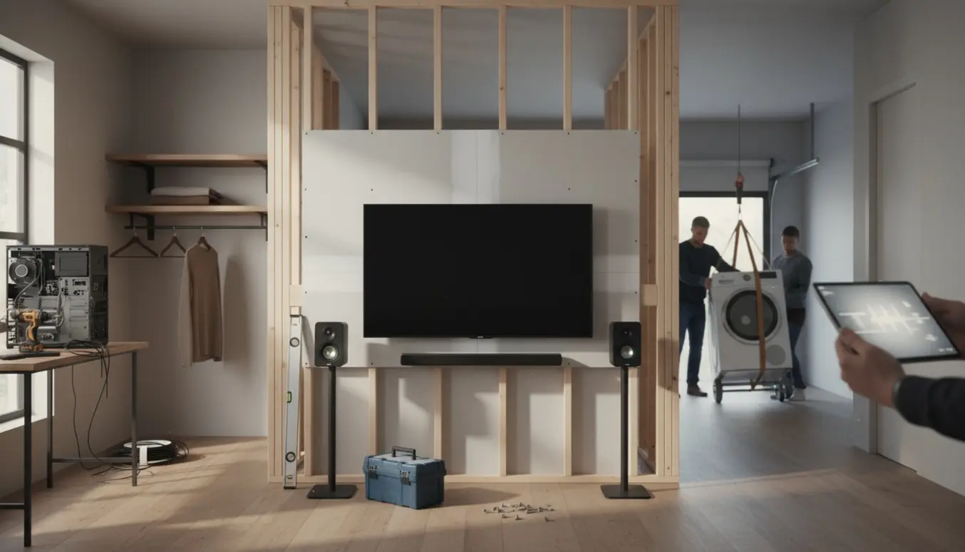 Stue med TV og fem højttalere, halvfærdig skillevæg, hylder og en tørretumbler på vej ud i garagen.