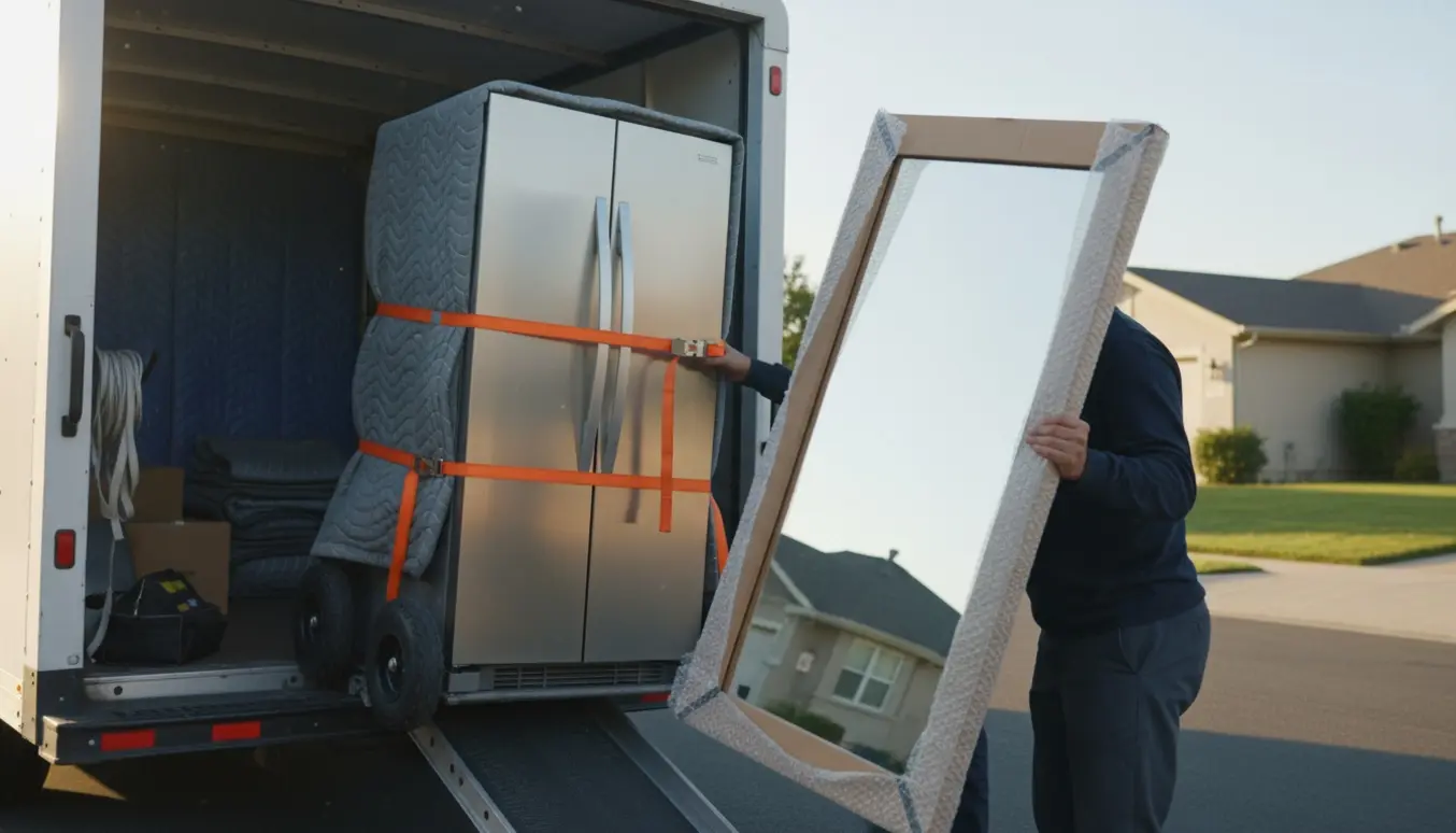 To flyttemænd læsser et stort køleskab og et indpakket spejl ind i en flyttebil på en stille villavej.