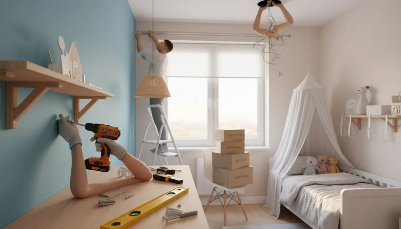 Hænder monterer gardinstang og lampe i et lyst børneværelse med værktøj og hylder klar til fastgørelse.