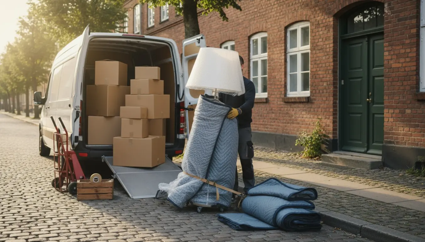 Flyttekasser og en indpakket standerlampe læsses i en flyttebil på en solbeskinnet dansk villavej.