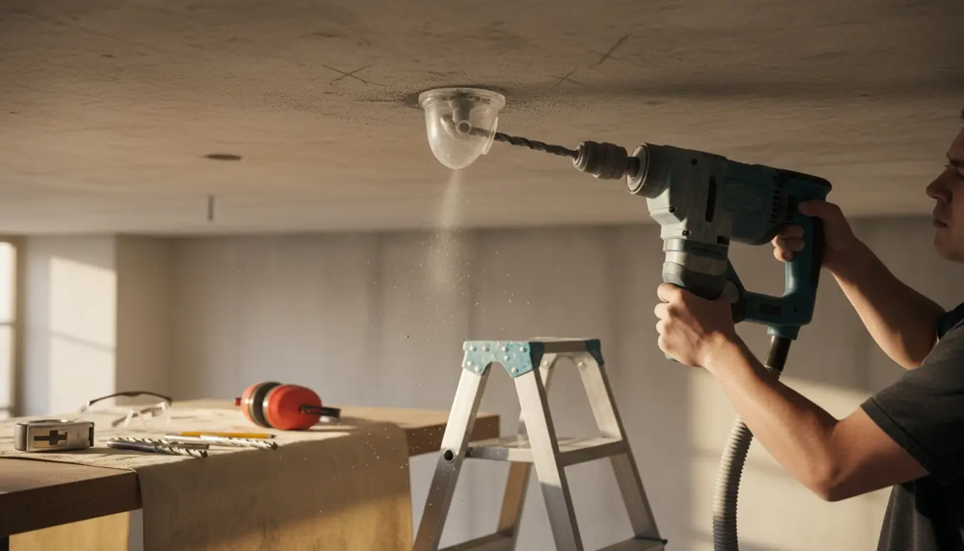 Hænder borer to huller i et betonloft med en slagboremaskine i et lyst rum.