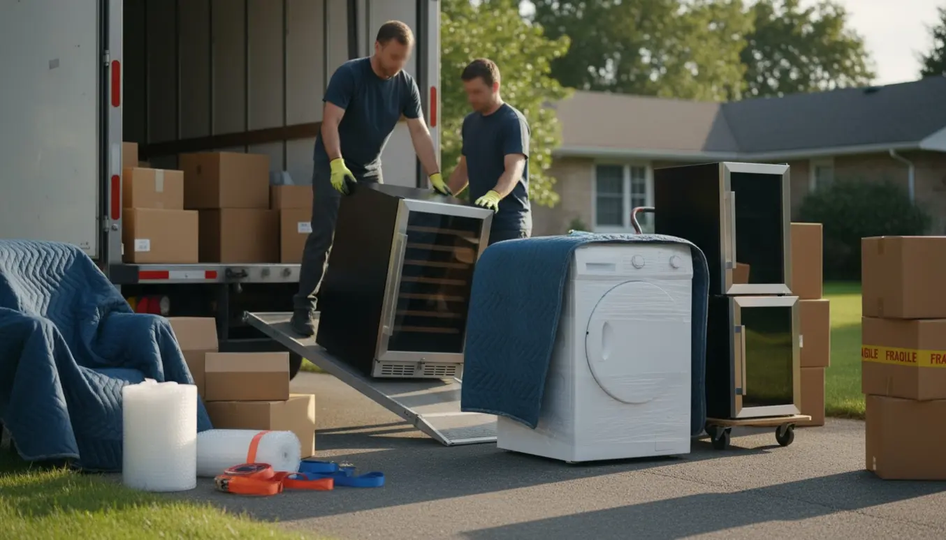 Flyttefolk læsser en tørretumbler og et stort og et lille vinkøleskab på en flyttebil ved et parcelhus.