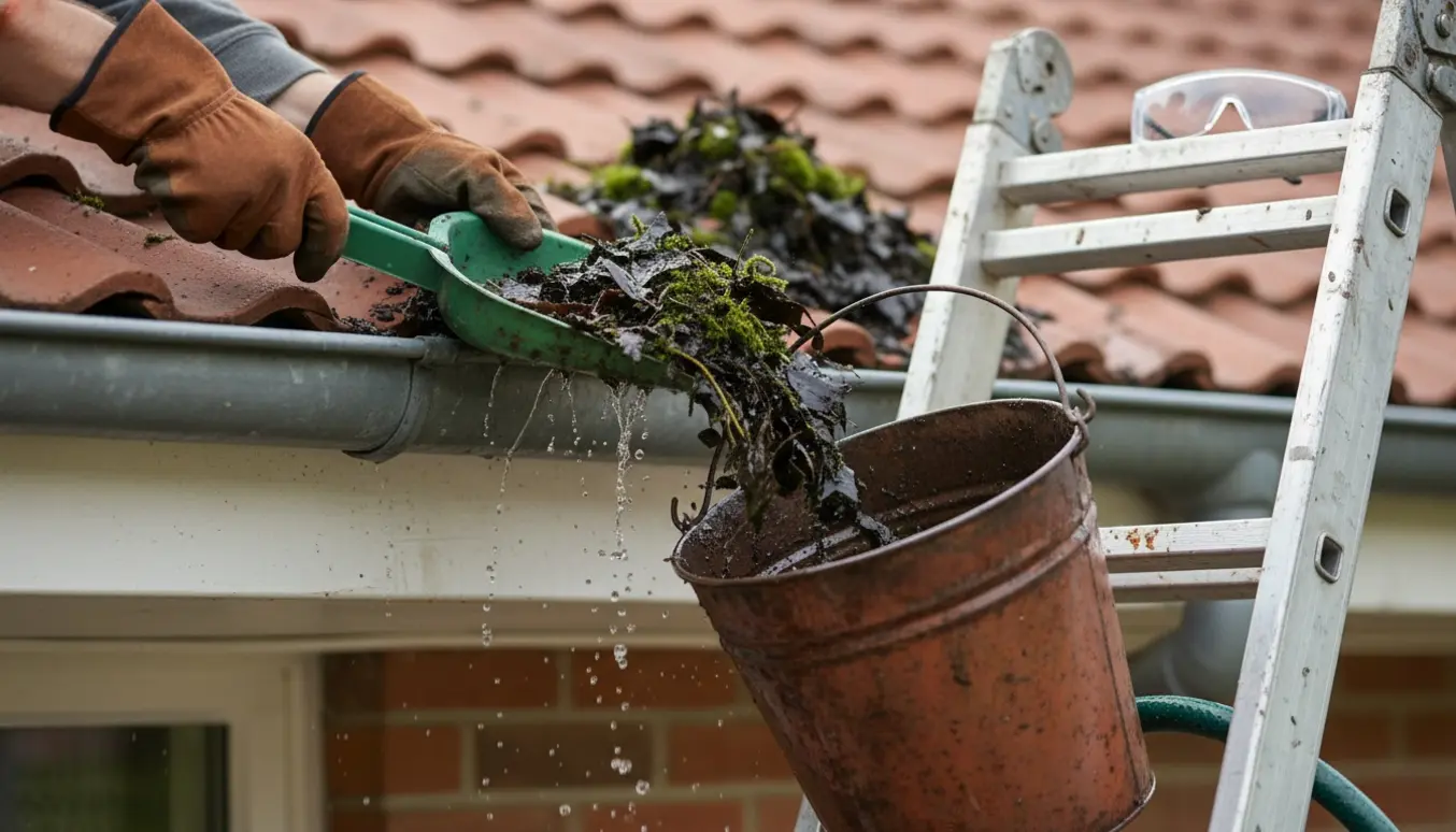 Hænder i handsker fjerner våde blade og skidt fra en tagrende med stige og spand.