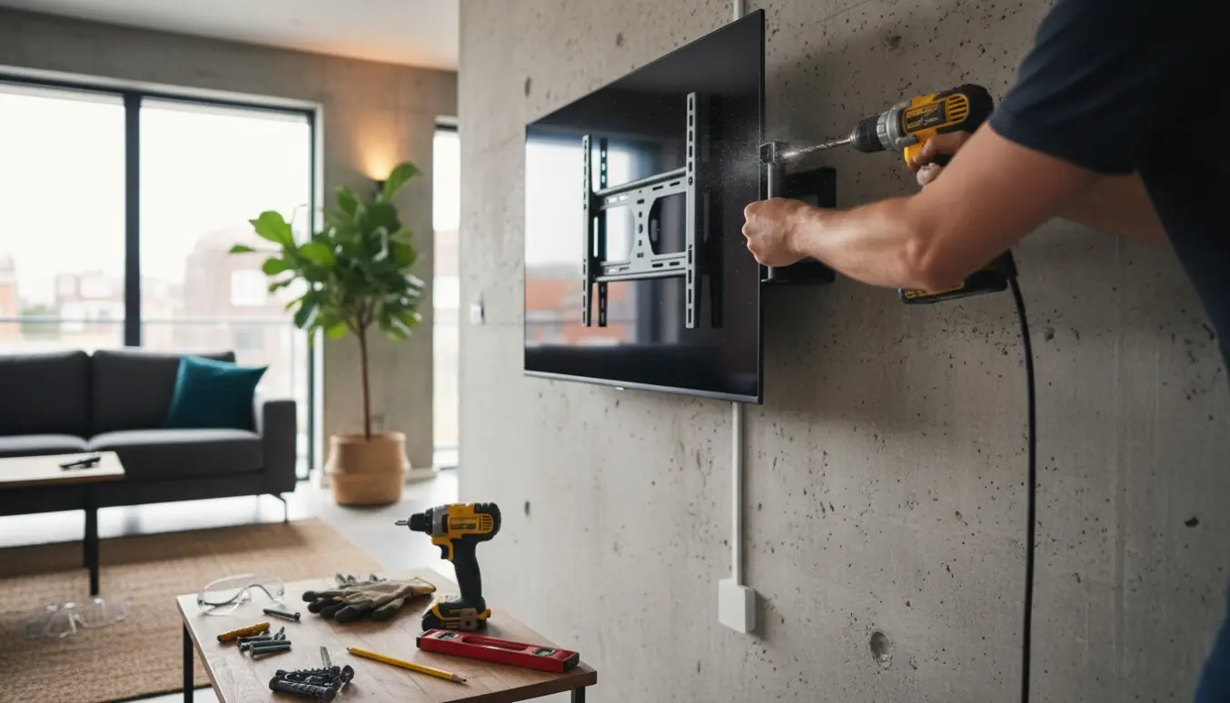 Nærbillede af hænder, der monterer et fladskærms-tv på en rå betonvæg med boremaskine og monteringsbeslag.