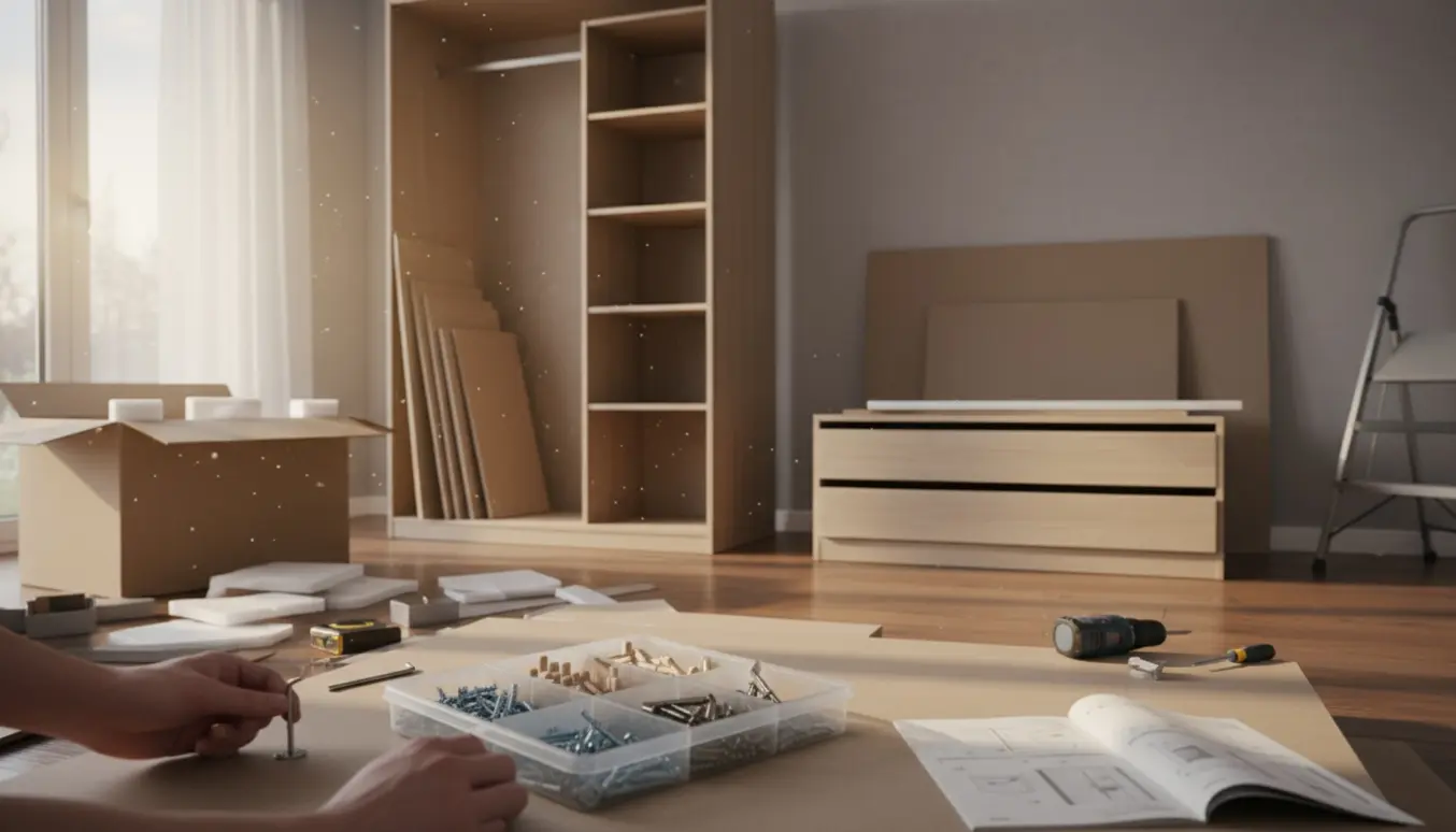 Delvist samlet stort fladpakket skab med udlagte plader, beslag og hænder i arbejde i et lyst rum.