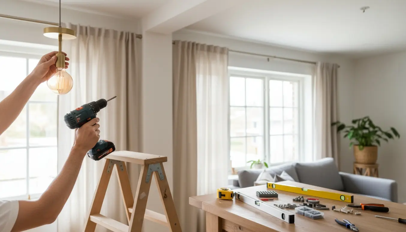 Hænder monterer en loftlampe og hænger gardiner op i en lys, moderne stue.