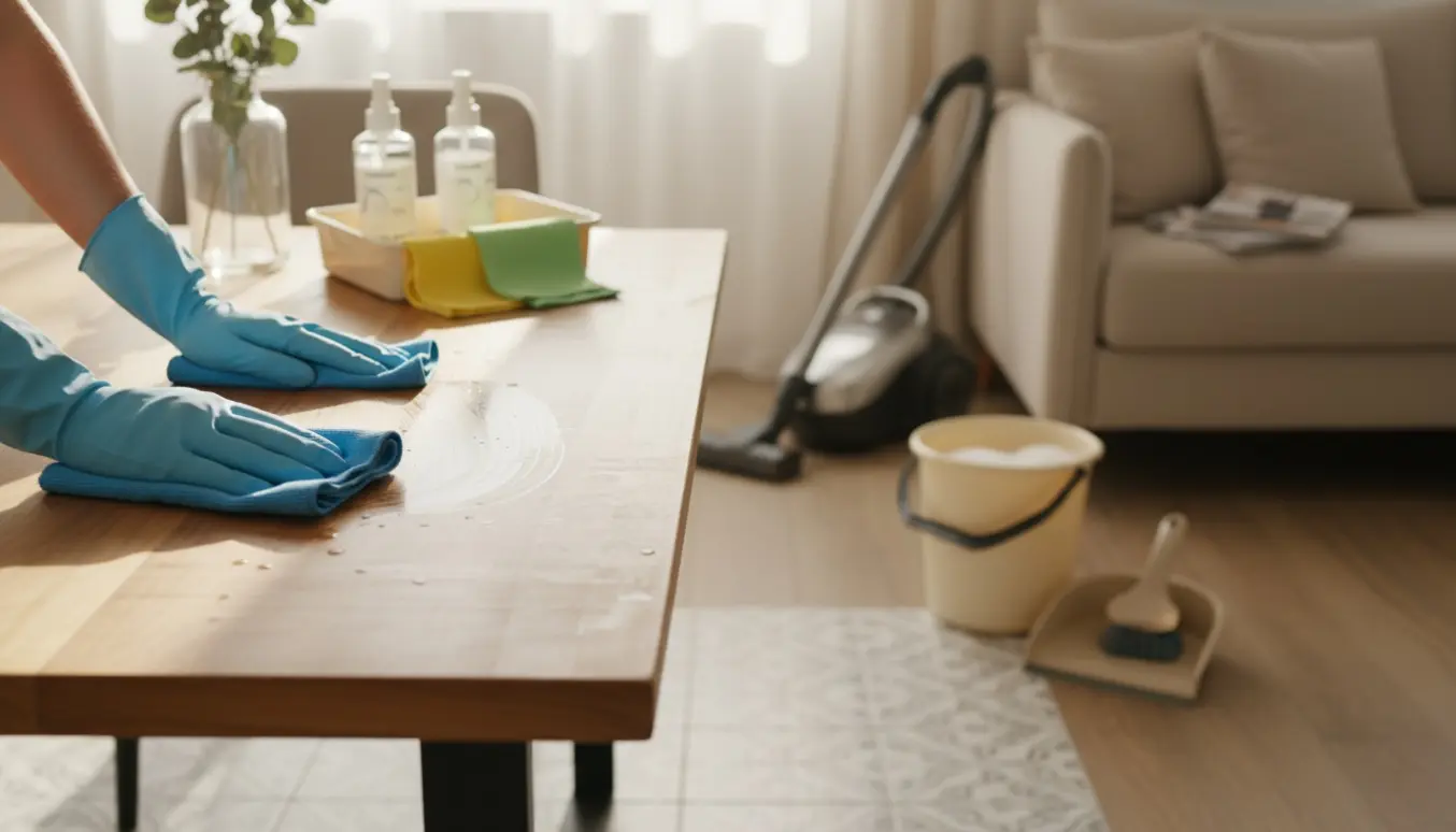 Hænder i handsker tørrer en bordplade i en solbeskinnet, ryddelig stue med rengøringsudstyr i baggrunden.