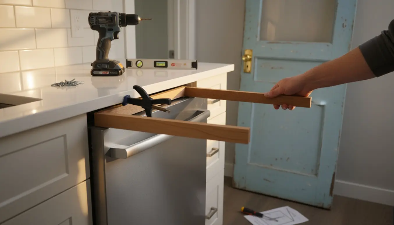 Hænder monterer lister omkring en opvaskemaskine, mens et gammelt dørblad får et nyt dørgreb.